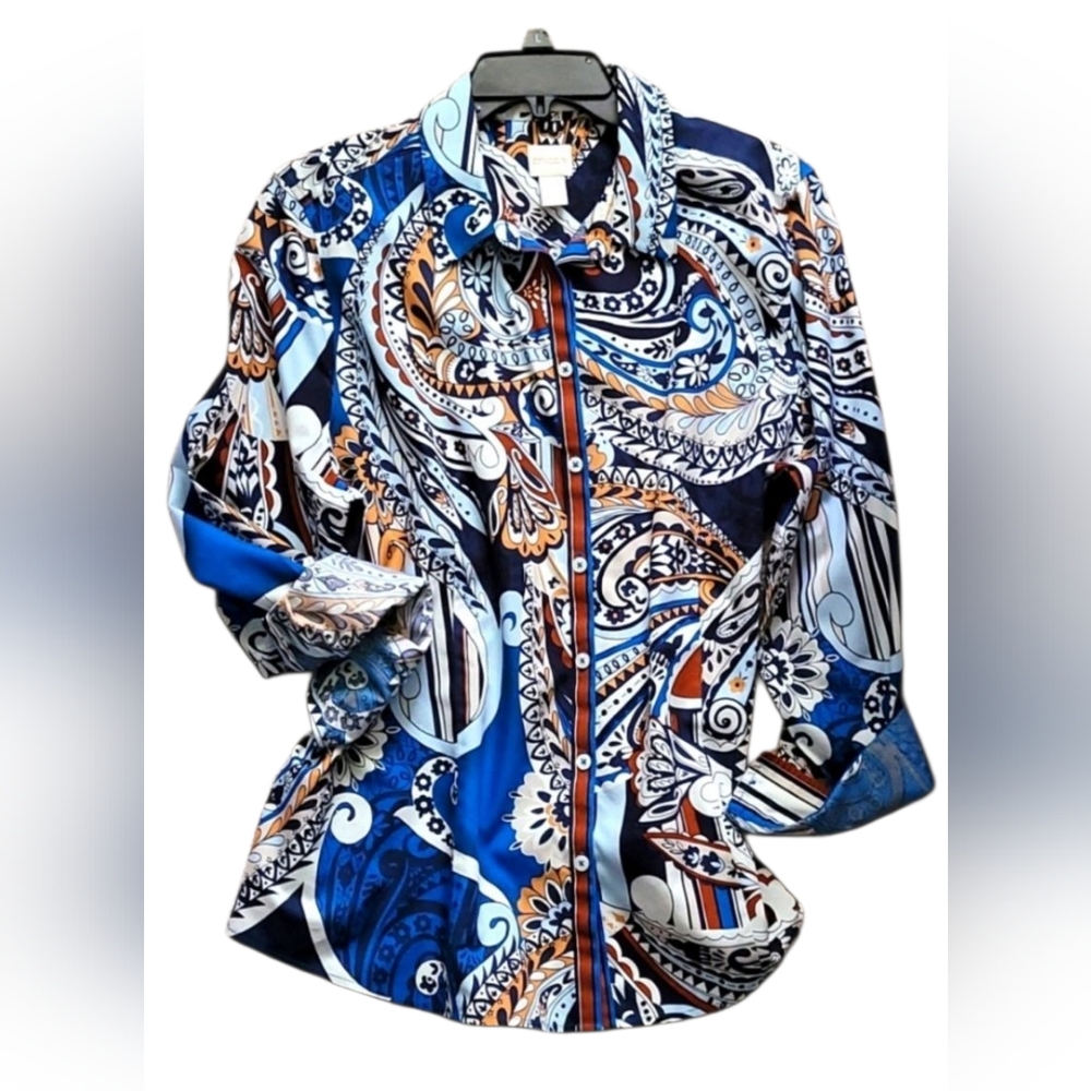 Chico's(3)=16/XL. Blue Paisley No-Iron Shirt.